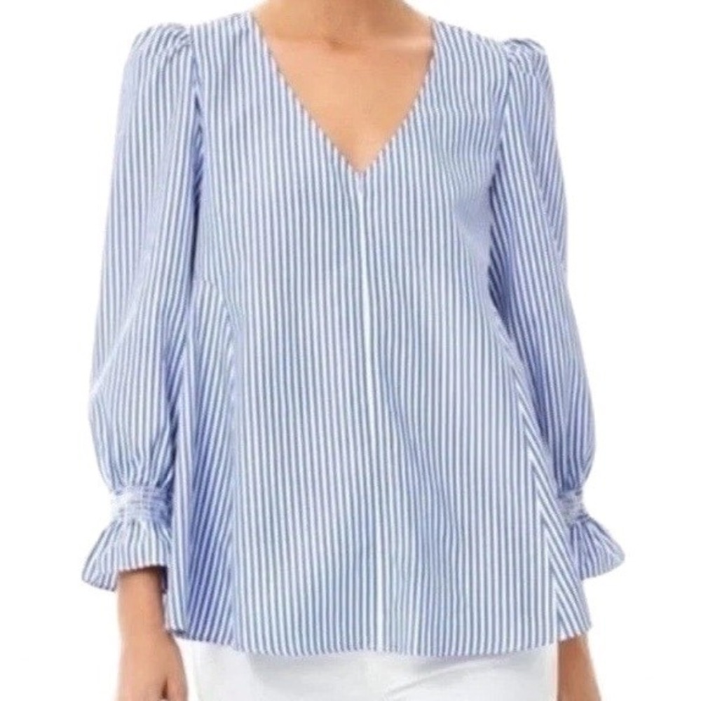 Tuckernuck Easton Blouse Top M Blue White Stripe V-Neck 3/4 Sleeve Ruffle Cuff